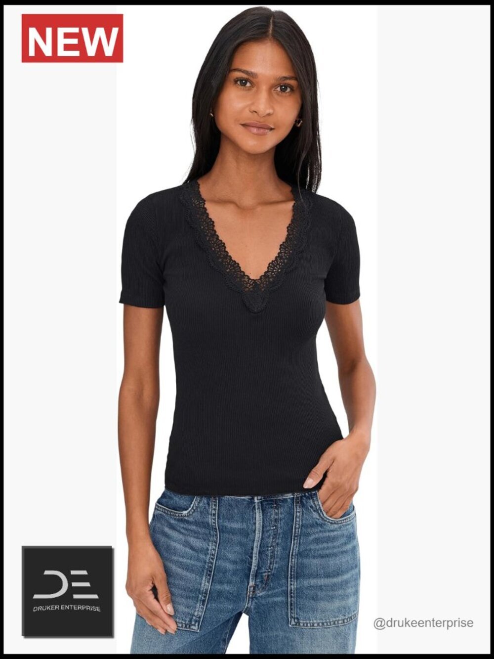 Lace-Trim V-Neck Top, Cotton Blend, Short Sleeve, Pull-On
